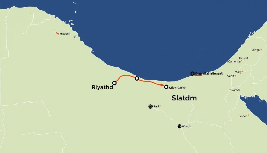 خريطة توضح المسار من الرياض إلى الدمام لنقل العفش