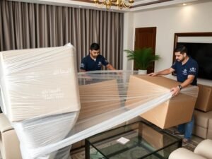 فريق متخصص يقوم بتغليف أثاث منزلي بعناية فائقة