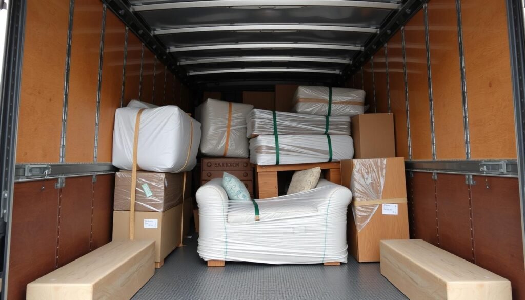 أثاث منزلي مغلف بعناية ومرتب داخل شاحنة نقل عفش