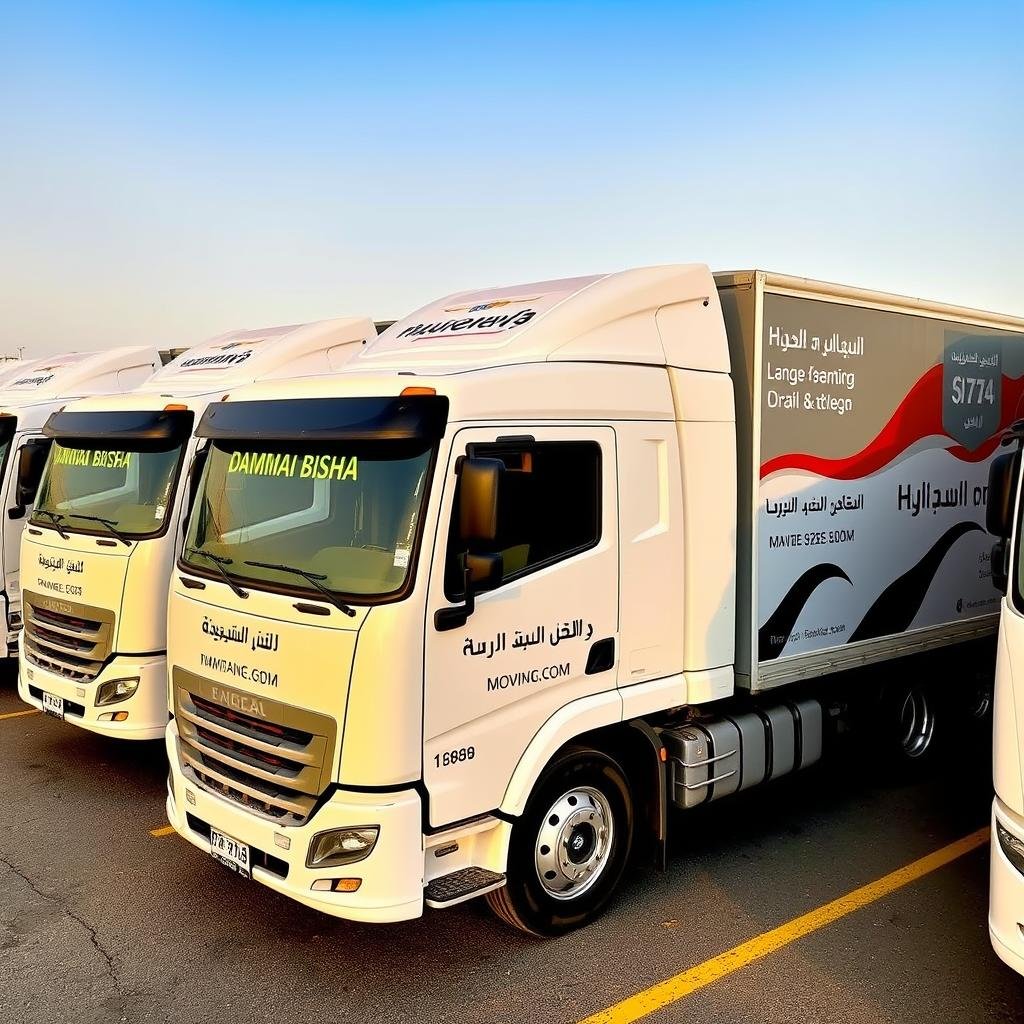 أسطول من السيارات المجهزة لنقل العفش من الدمام إلى بيشة