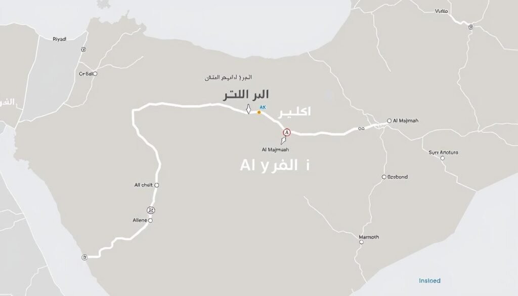 خريطة توضح المسافة بين الرياض والمجمعة