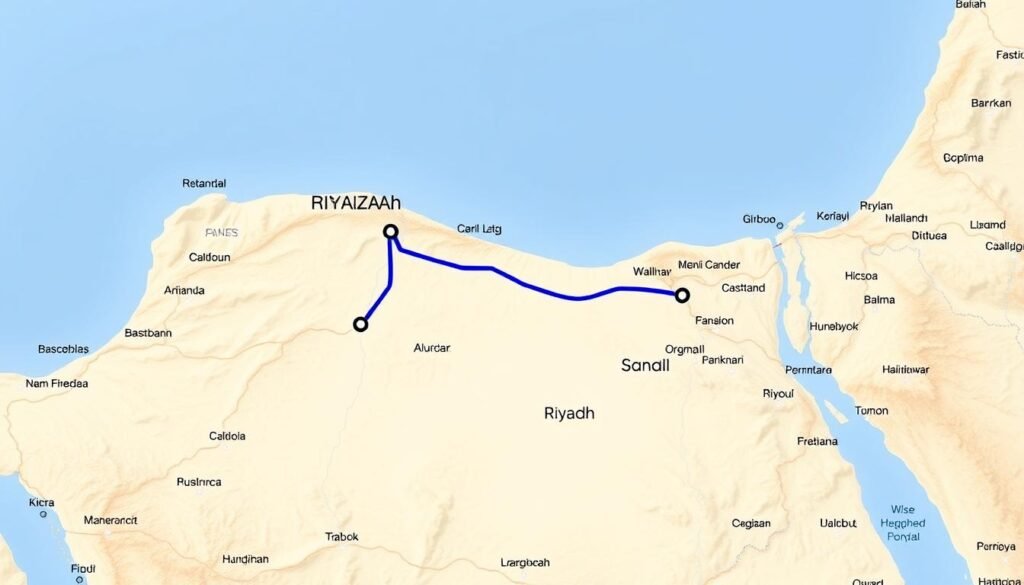 خريطة توضح مسار نقل أثاث الرياض إلى عنيزة