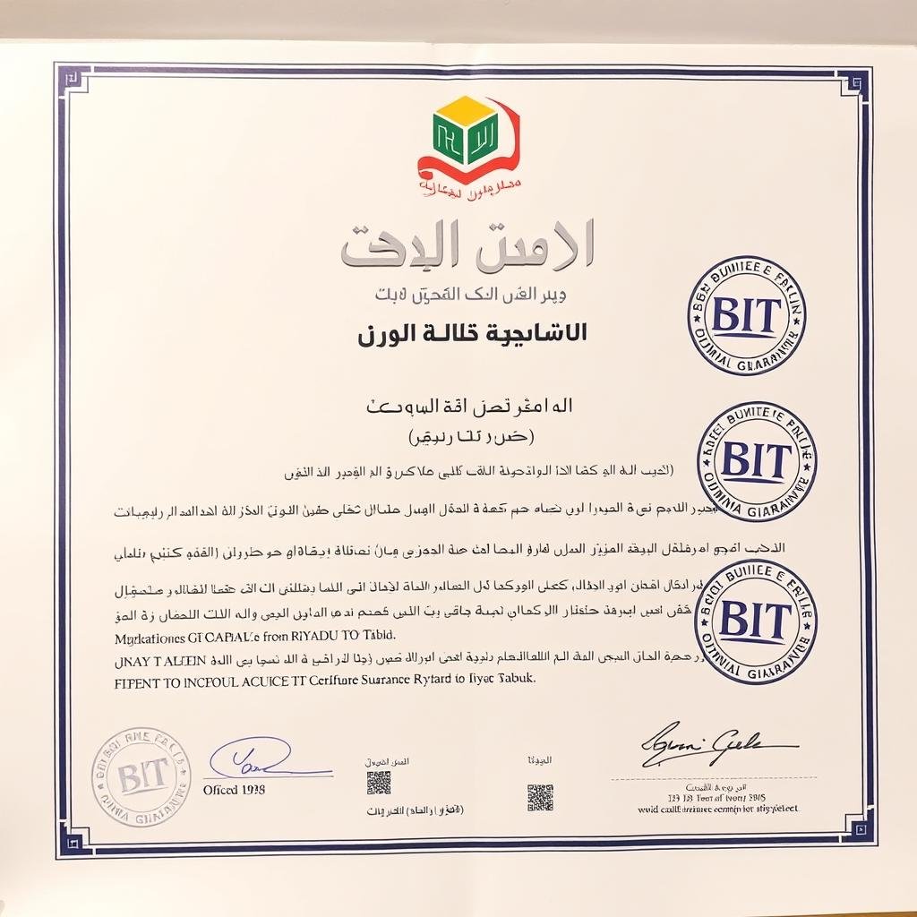 شهادة ضمان كامل من شركة نقل١ لخدمات نقل عفش الرياض إلى تبوك