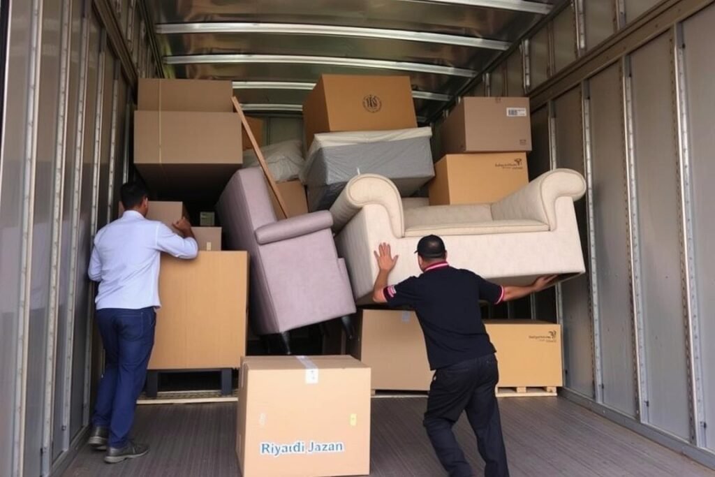 عملية تحميل الأثاث في شاحنة شحن من الرياض إلى جازان
