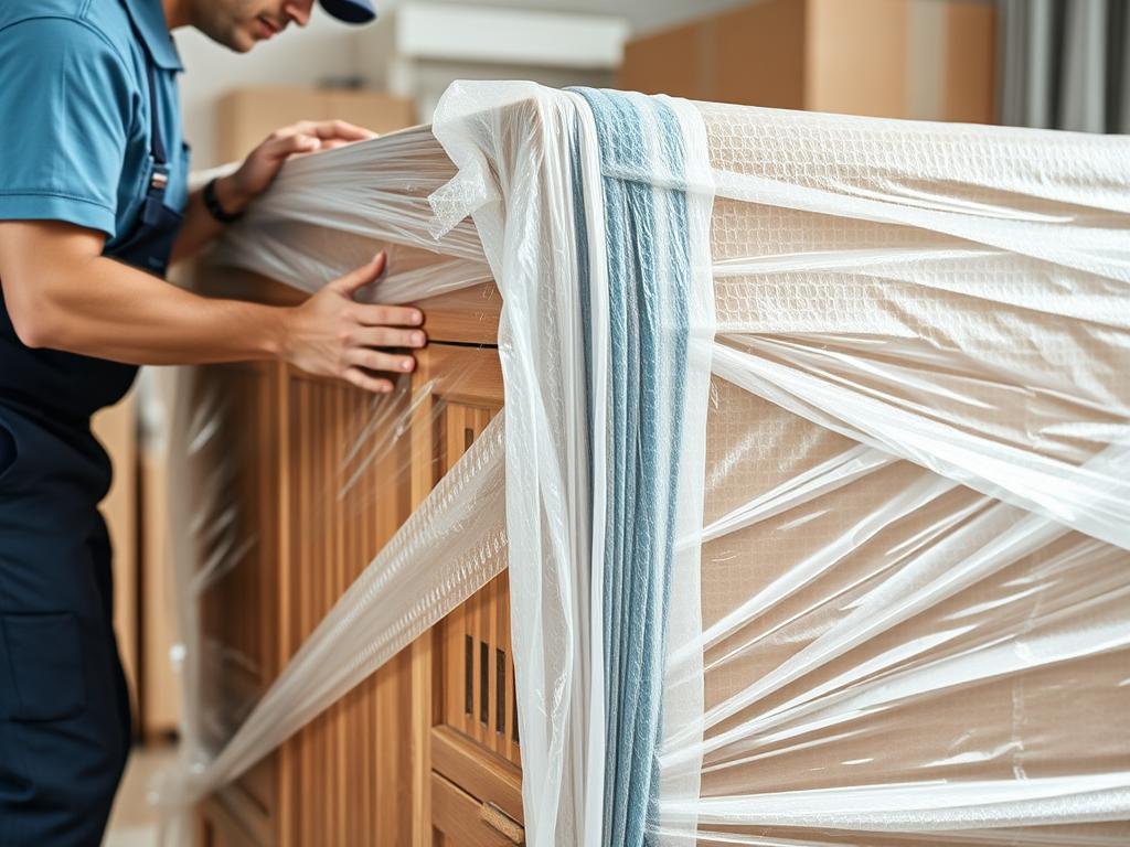 عملية تغليف أثاث منزلي بطريقة احترافية قبل نقله من الرياض إلى رفحاء