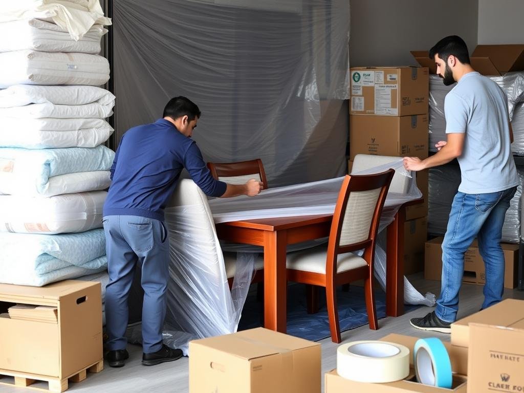 عملية تغليف الأثاث المنزلي قبل شحنه من الرياض إلى جازان