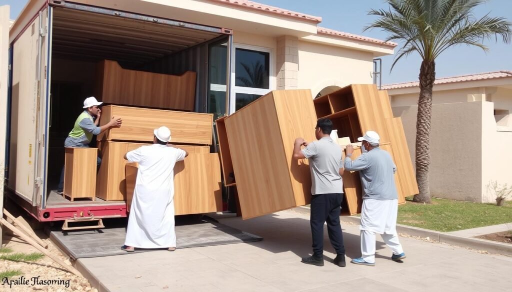 عملية تفريغ وتركيب الأثاث بعد وصوله من الرياض إلى جازان