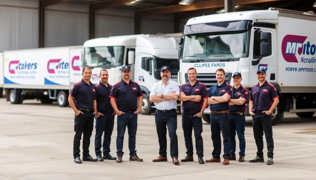 فريق عمل شركة نقل أثاث الرياض إلى رفحاء أمام أسطول الشاحنات