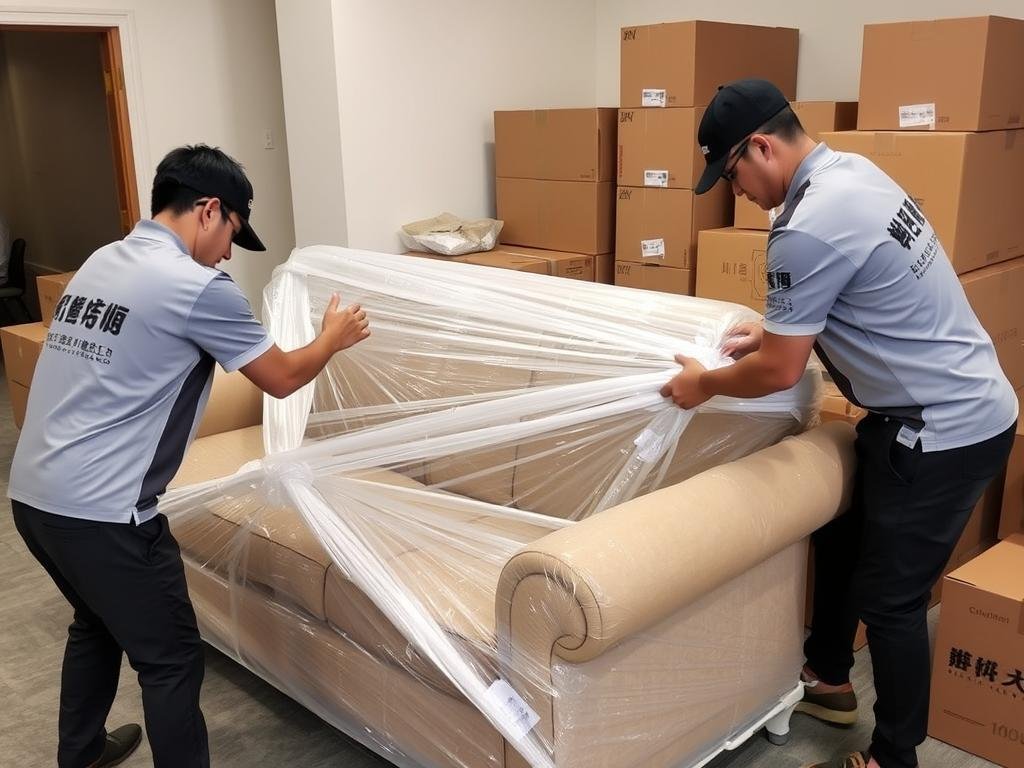 فريق عمل شركة نقل يقوم بتغليف أثاث بعناية قبل نقله من الرياض إلى الخرج