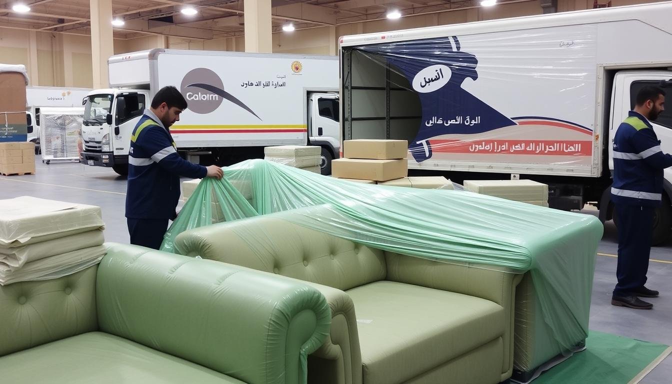 فريق متخصص في نقل عفش الرياض إلى وادي الدواسر يقوم بتغليف الأثاث بعناية