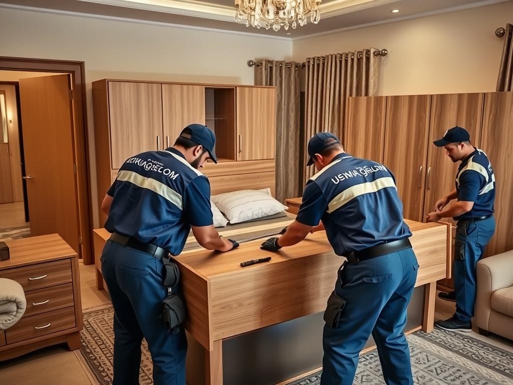 فريق متخصص يقوم بفك وتغليف أثاث منزلي للنقل من الرياض إلى المدينة المنورة