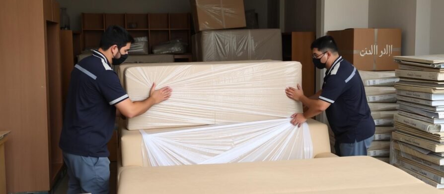 فريق محترف لنقل عفش الرياض إلى الدرعية يقوم بتغليف الأثاث بعناية