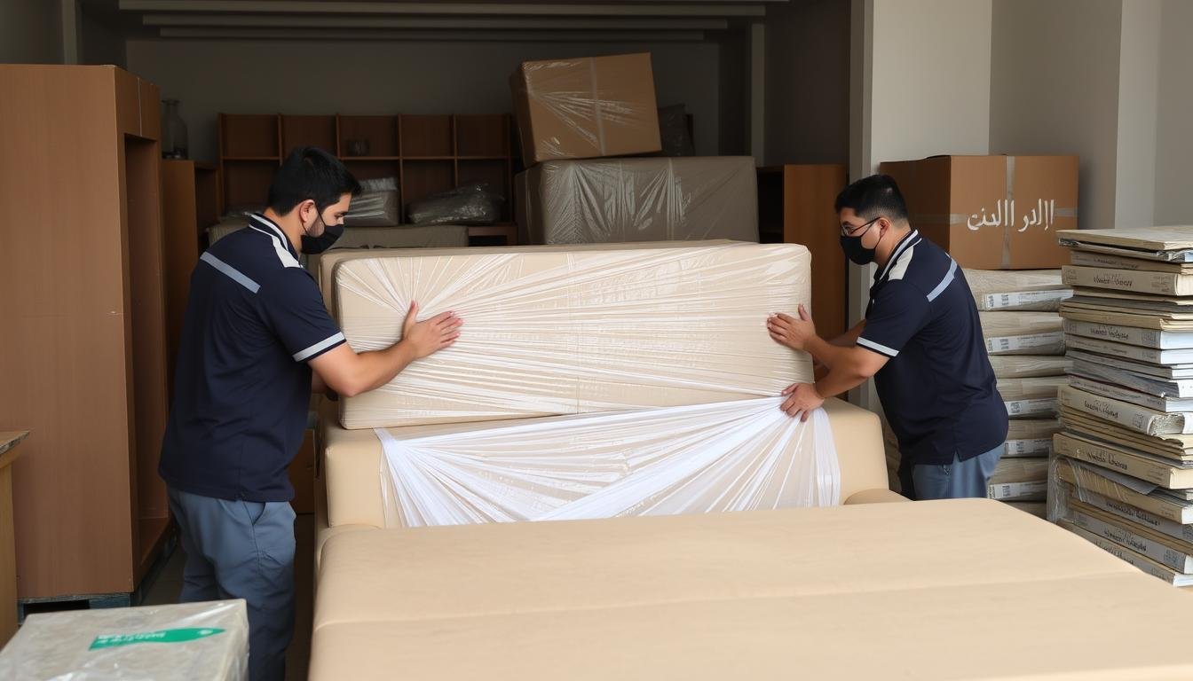 فريق محترف لنقل عفش الرياض إلى الدرعية يقوم بتغليف الأثاث بعناية