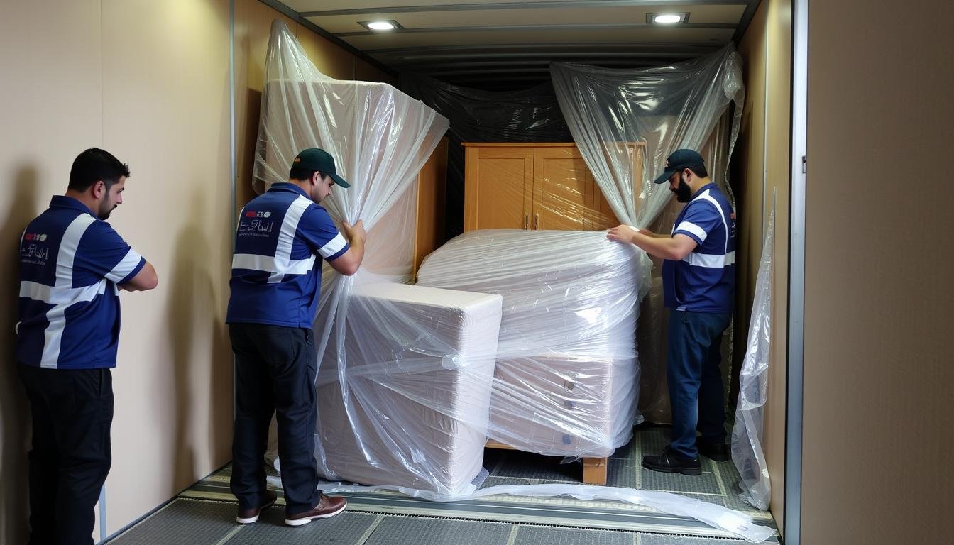 فريق محترف لنقل عفش الرياض إلى ينبع يقوم بتغليف الأثاث