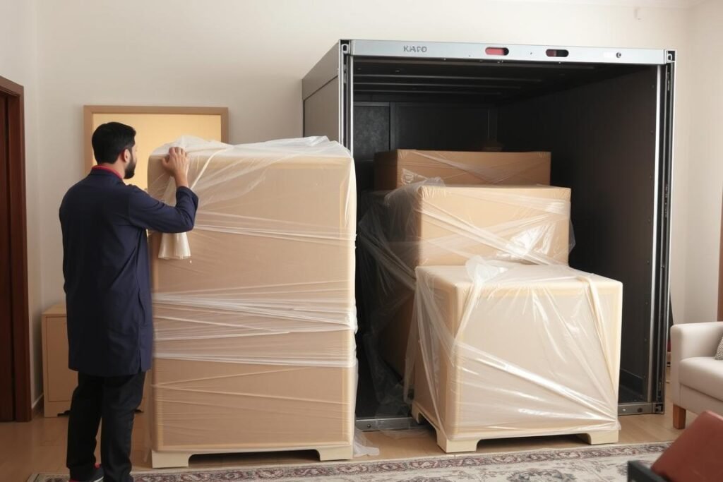 فريق محترف يقوم بتغليف الأثاث بعناية قبل نقله من الرياض إلى بريدة فريق محترف يقوم بتغليف الأثاث بعناية قبل نقله من الرياض إلى بريدة