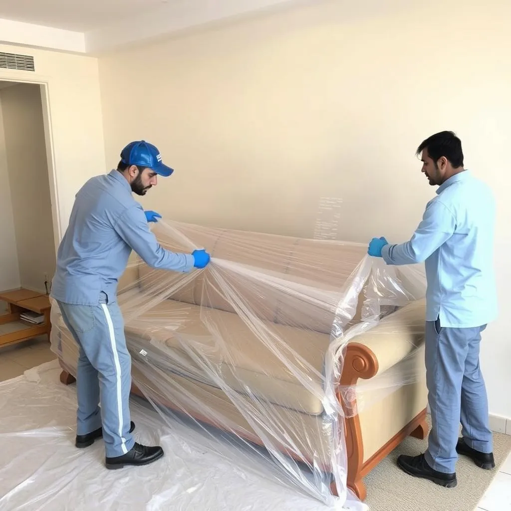 تغليف أثاث بالاسترتش والنايلون أثناء نقل العفش في جدة