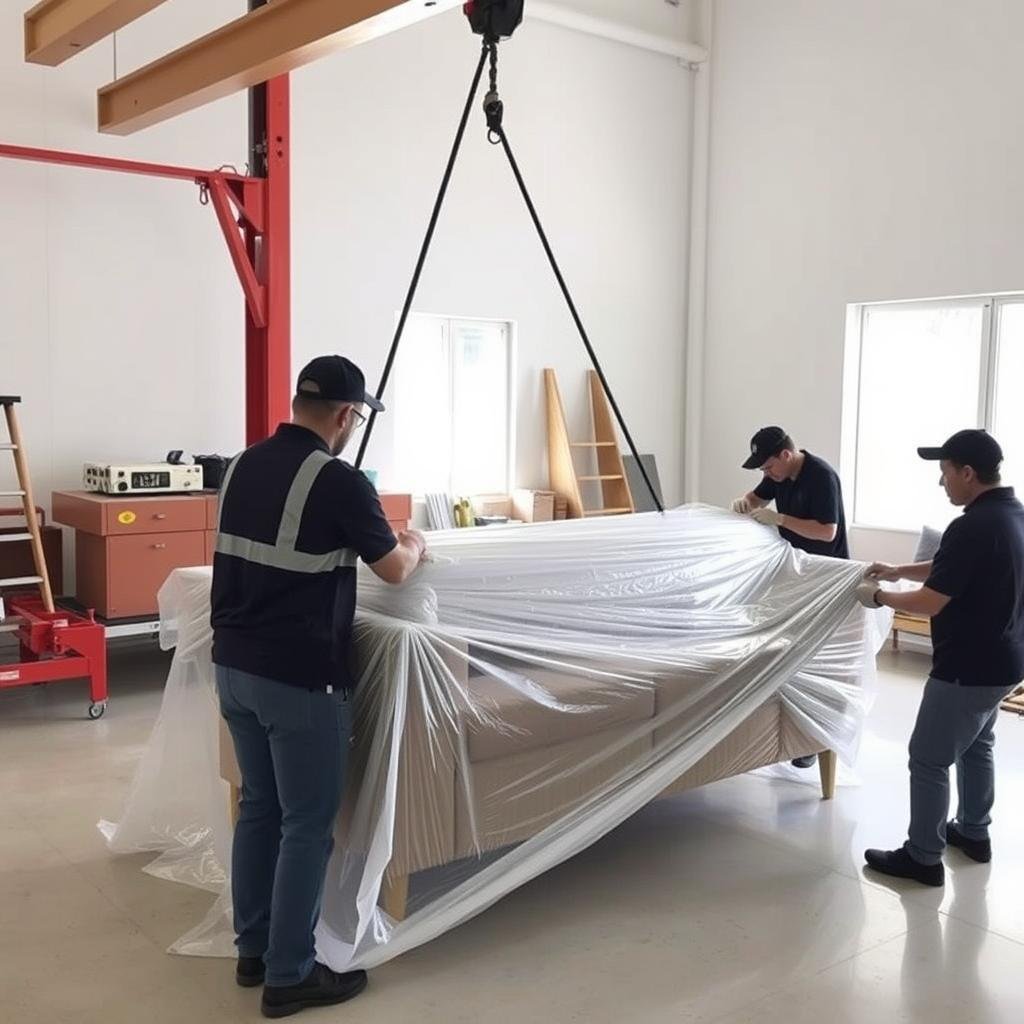 تغليف محترف للأثاث باستخدام مواد عالية الجودة لحمايته أثناء النقل بالرافعات