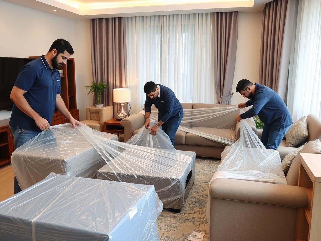 خدمة تغليف ونقل عفش داخل جدة   فريق محترف يقوم بتغليف الأثاث