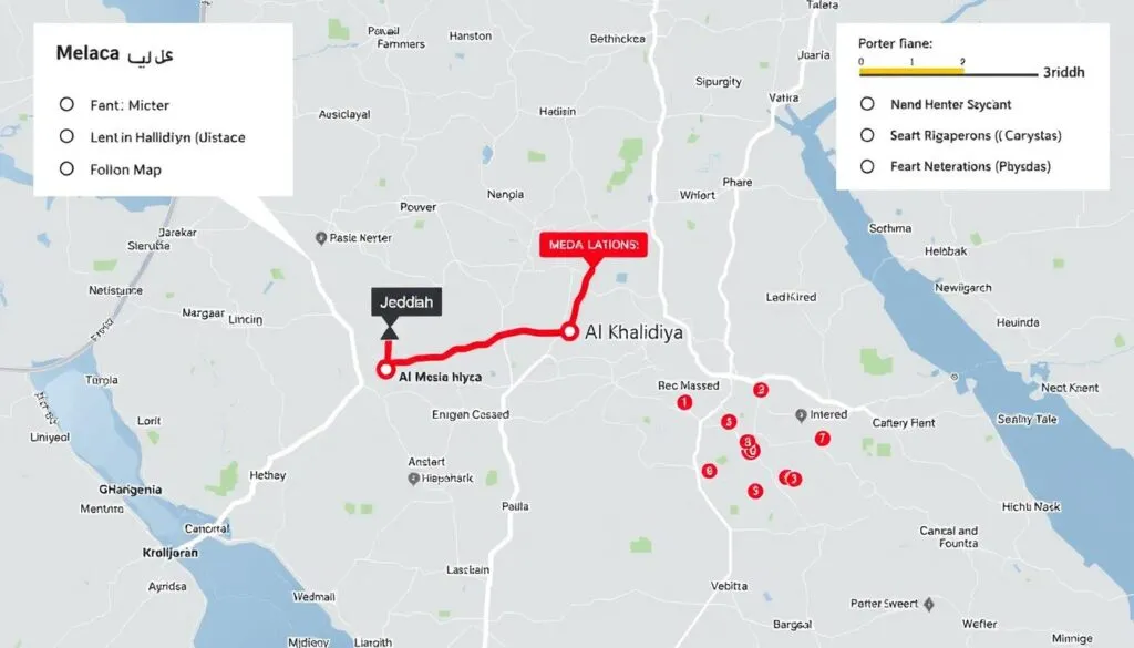 خريطة توضح الطريق من مكة إلى حي الخالدية جدة