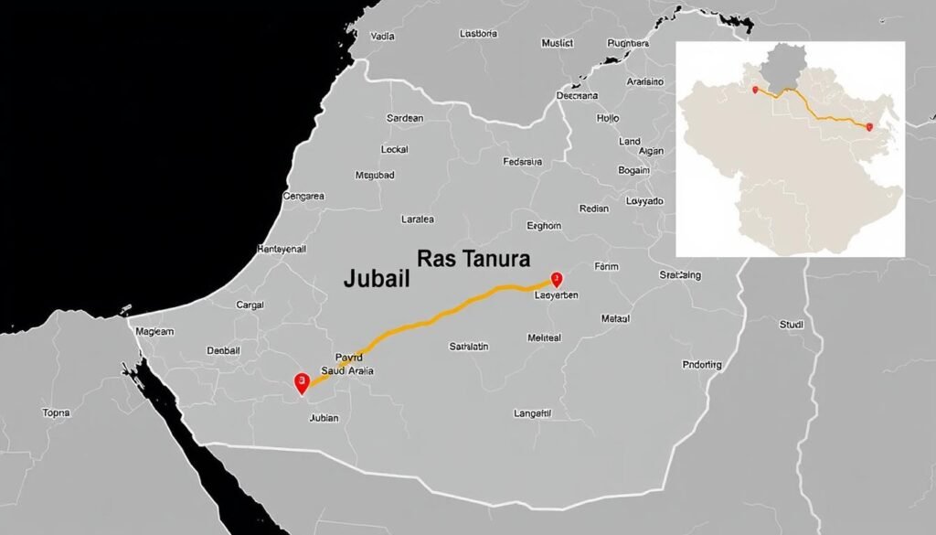 خريطة توضح المسافة بين الجبيل ورأس تنورة لخدمات نقل العفش
