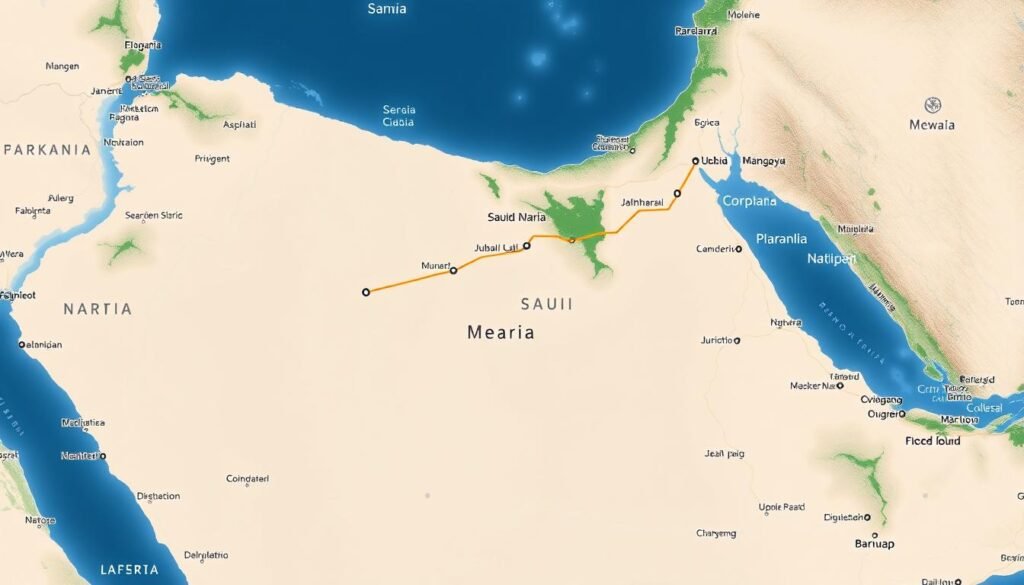 خريطة توضح المسافة بين الجبيل ومكة