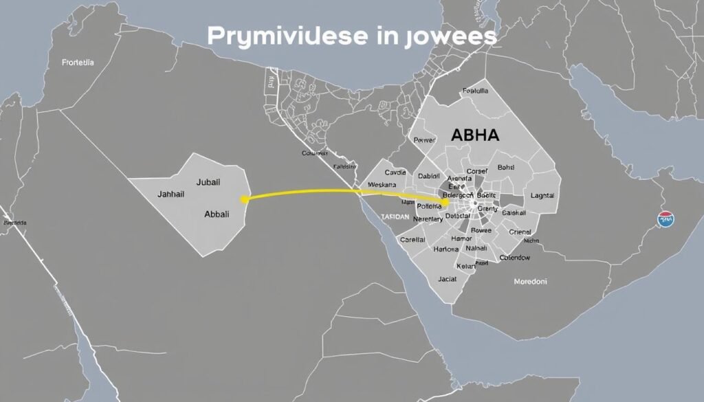خريطة توضح المناطق المغطاة في خدمة نقل العفش من الجبيل إلى أبها