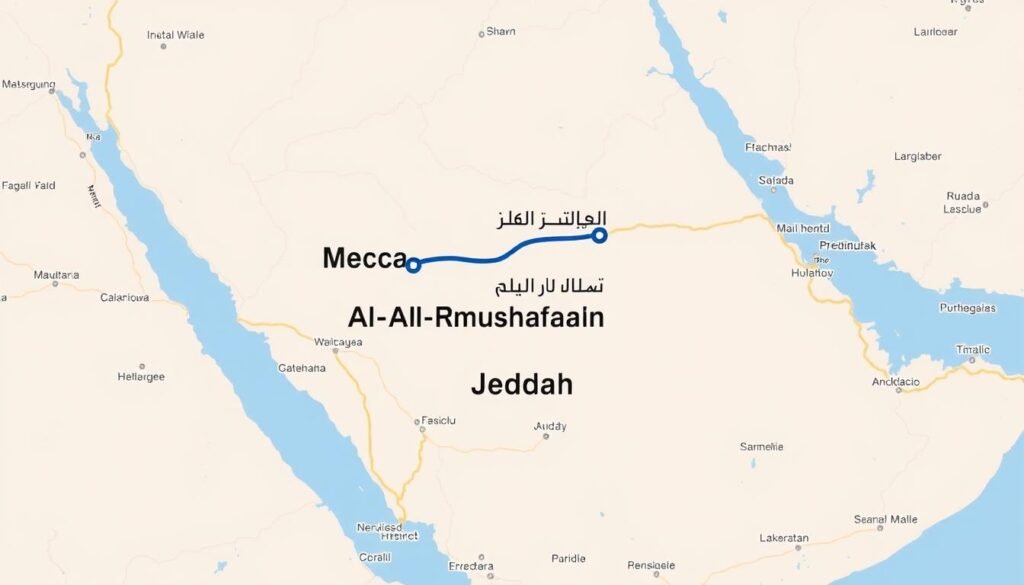 خريطة توضح طريق نقل العفش من مكة إلى حي المشرفة جدة