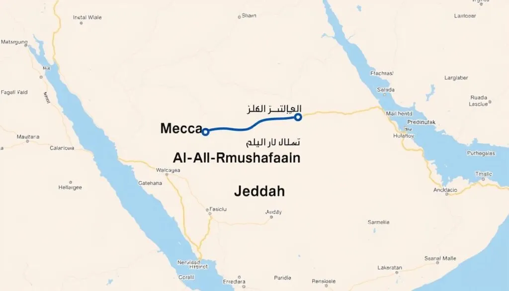 خريطة توضح طريق نقل العفش من مكة إلى حي المشرفة جدة
