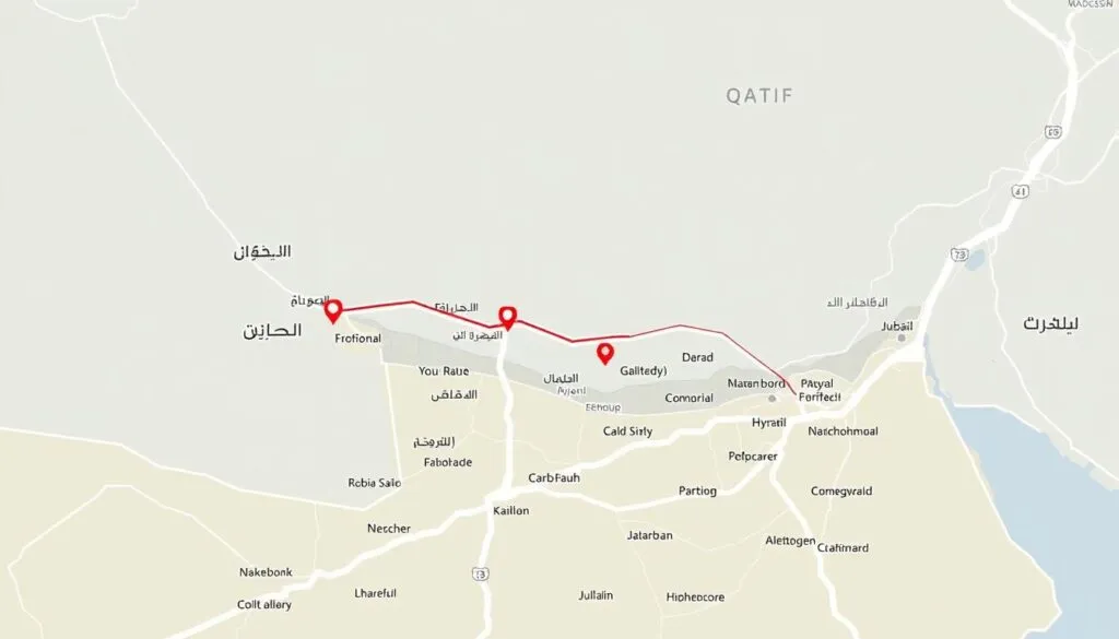 خريطة توضح مسار نقل العفش من الجبيل إلى القطيف