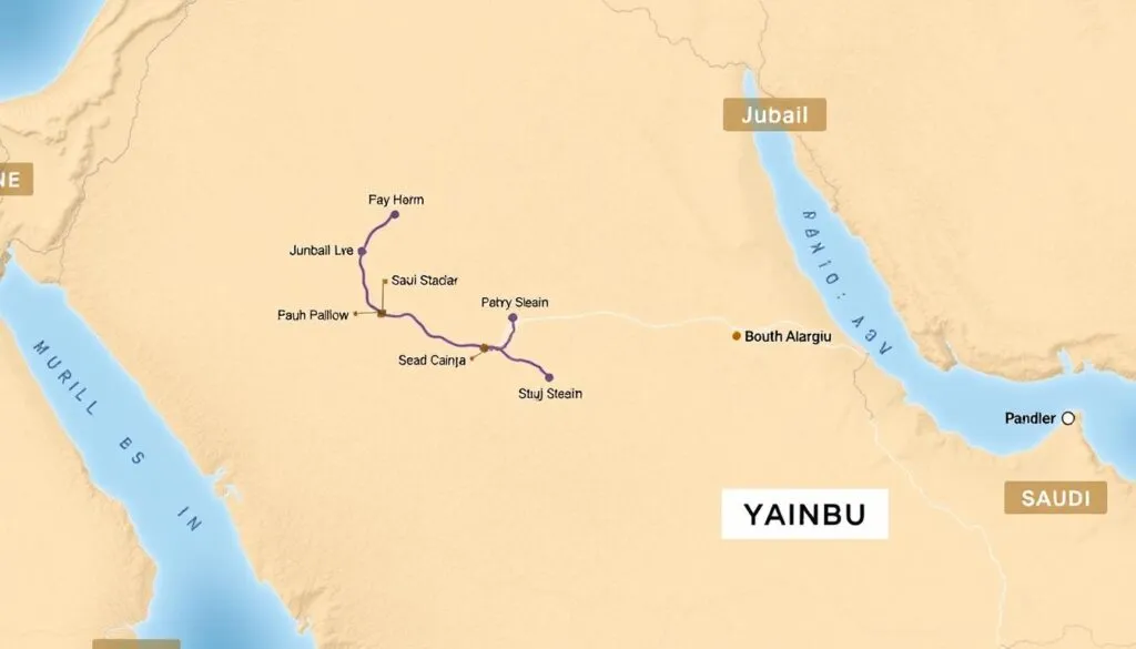 خريطة توضح مسار نقل العفش من الجبيل إلى ينبع خريطة توضح مسار نقل العفش من الجبيل إلى ينبع