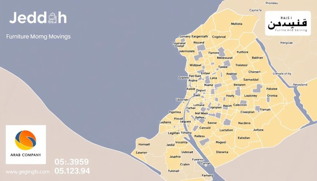 خريطة توضح مناطق خدمة نقل الأثاث داخل جدة من الشركة العربية