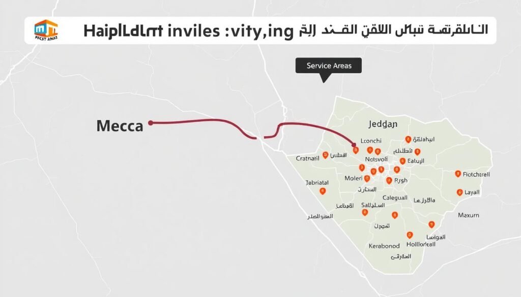 خريطة توضح مناطق خدمة نقل العفش من مكة إلى جدة