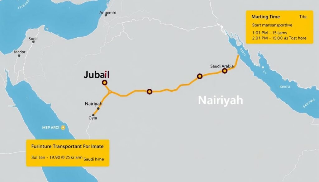 خريطة مسار نقل العفش من الجبيل إلى النعيرية