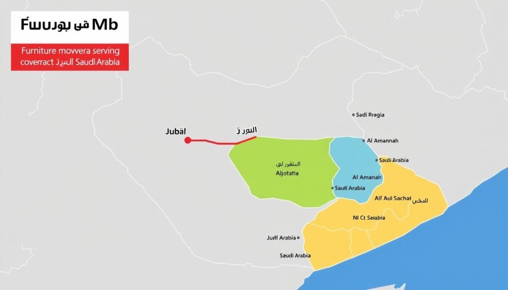 خريطة مناطق التغطية لخدمة نقل العفش من الجبيل إلى الأمانة