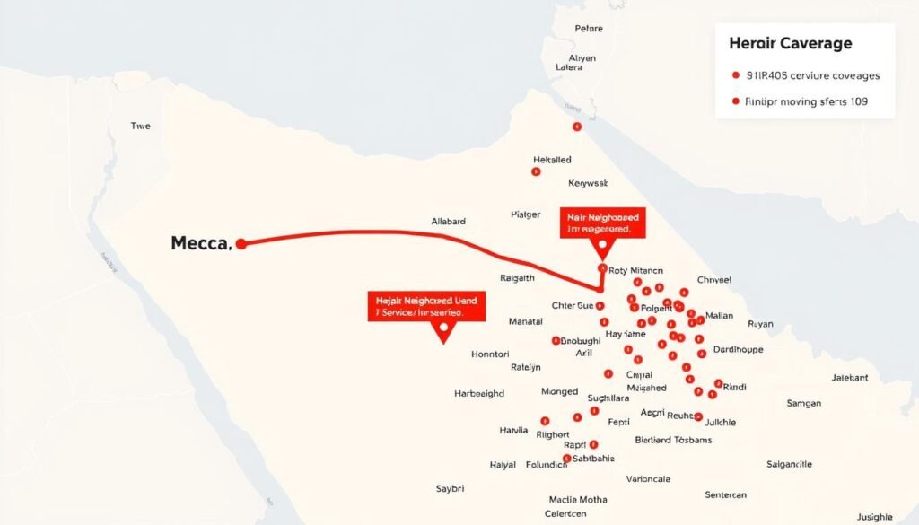 خريطة مناطق تغطية خدمة نقل العفش من مكة إلى الرياض