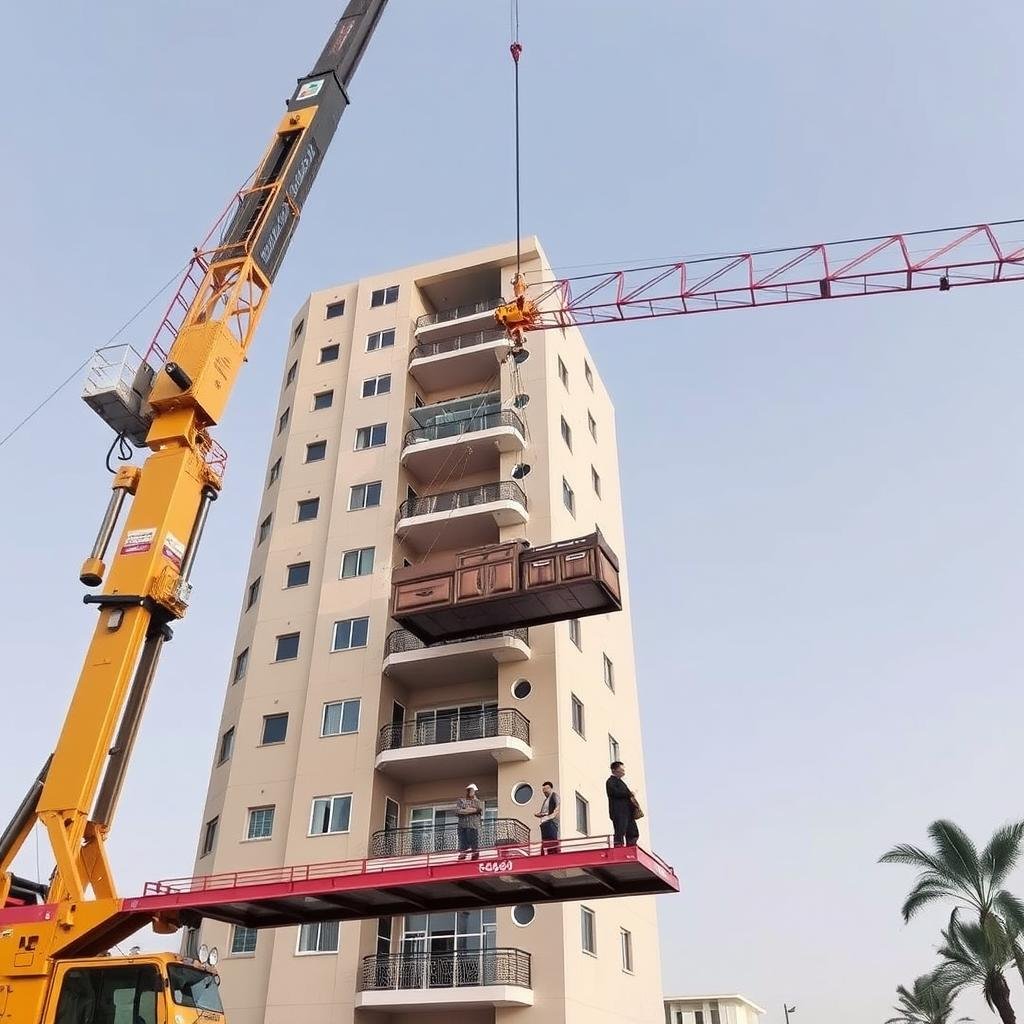 رافعة متخصصة تقوم بنقل أثاث إلى شقة في دور مرتفع في جدة