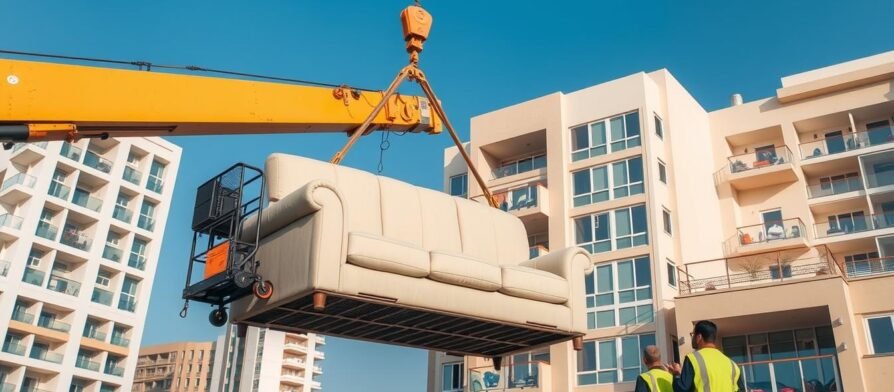 رافعة متخصصة تنقل أثاث إلى شقة في دور مرتفع في جدة