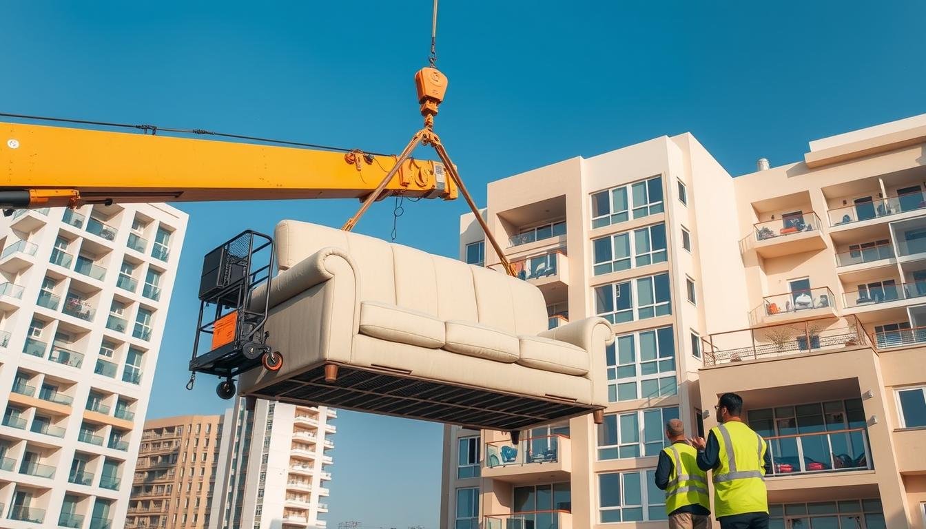 رافعة متخصصة تنقل أثاث إلى شقة في دور مرتفع في جدة