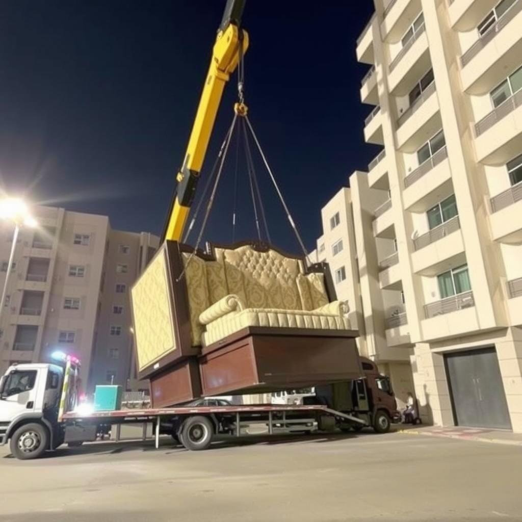 رفع الأثاث الثقيل باستخدام الأوناش لنقل عفش من مكة إلى حي السلامة جدة