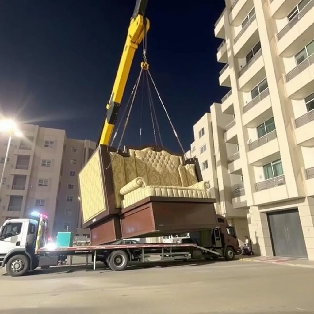 رفع الأثاث الثقيل باستخدام الأوناش لنقل عفش من مكة إلى حي السلامة جدة