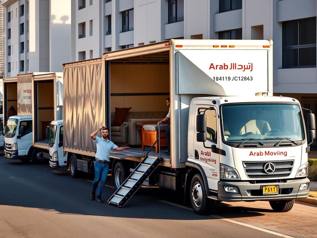 سيارات نقل عفش مجهزة تابعة للشركة العربية في جدة أثناء عملية نقل أثاث منزلي
