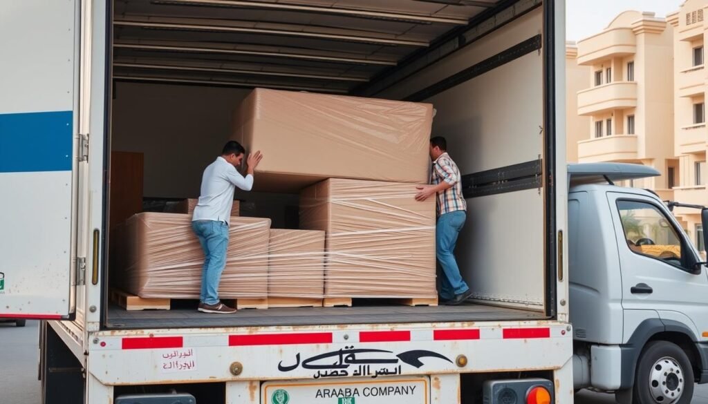 سيارة نقل عفش تابعة للشركة العربية أثناء تحميل الأثاث في جدة