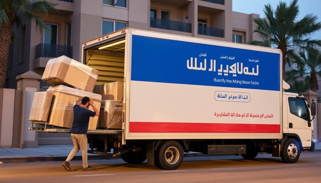 سيارة نقل عفش مغلقة تابعة للشركة العربية أثناء عملية نقل عفش داخل أحياء جدة