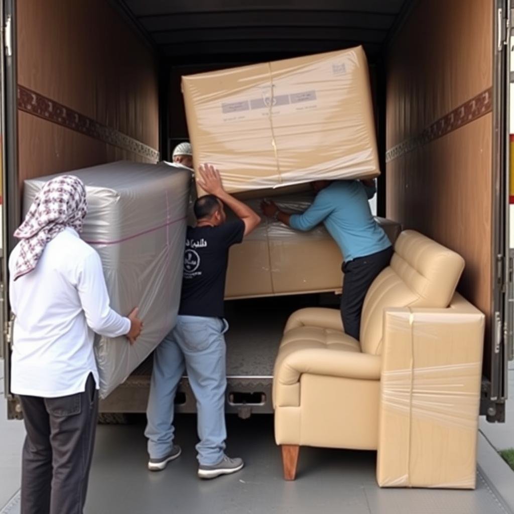 سيارة نقل عفش من الشركة العربية أثناء تحميل الأثاث