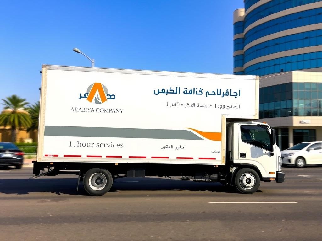 شاحنة نقل عفش تابعة للشركة العربية في شوارع جدة جاهزة لتقديم خدمة نقل فورية