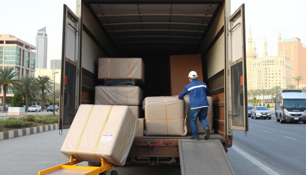 عملية تحميل الأثاث في شاحنة نقل العفش من مكة إلى تبوك