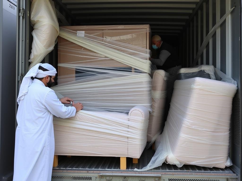 عملية تغليف أثاث احترافية قبل نقل العفش من الجبيل إلى أبها