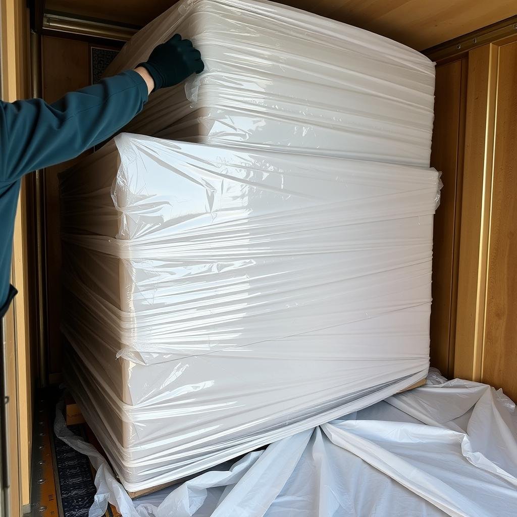 عملية تغليف أثاث منزلي بمواد عالية الجودة لحمايته أثناء نقل العفش من مكة إلى الليث