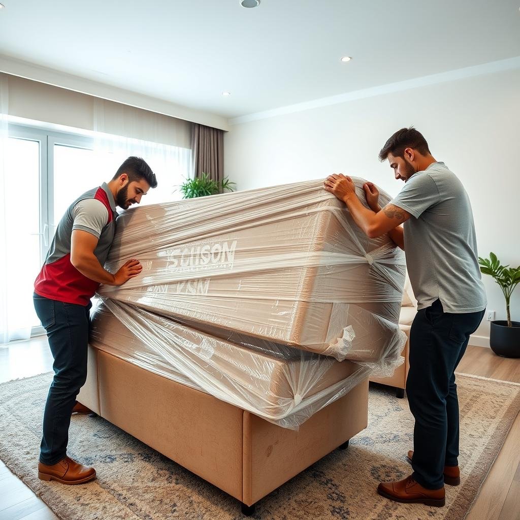 عملية تغليف الأثاث باحترافية من قبل عمال الشركة العربية