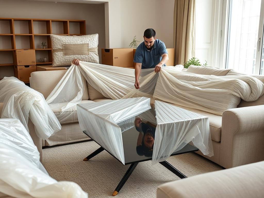 عملية تغليف الأثاث بعناية قبل نقله من مكة إلى حي المنار جدة